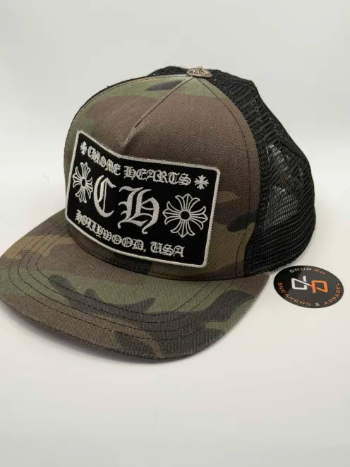 Chrome Hearts Hollywood CH Green Camo Black Trucker Hat (USED)
